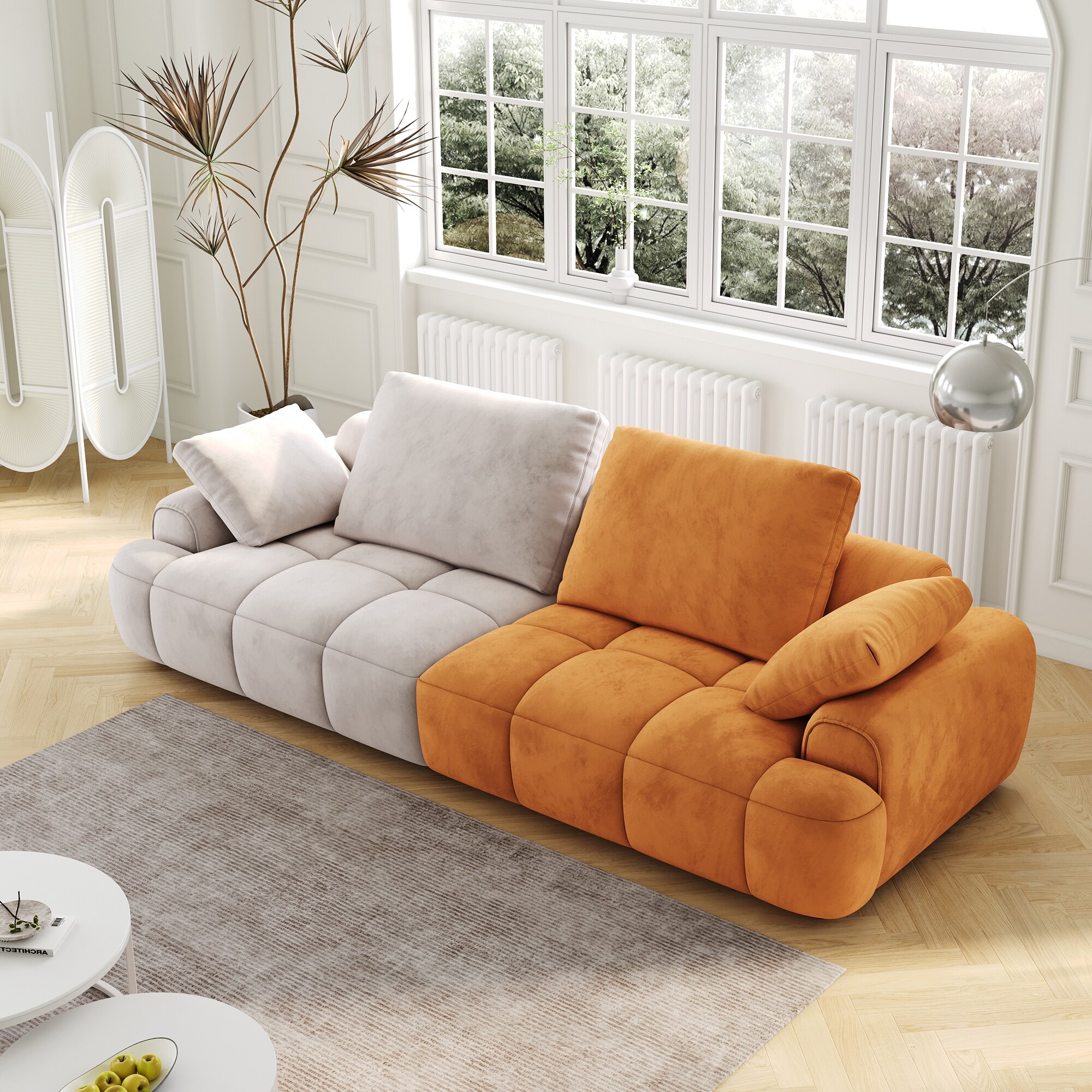 Beige Yellow 86.6 Large Beige and Yellow Suede 3 Seater Sofa